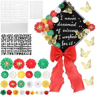 Imagem de MotiMind Kit de decoração de boné de formatura DIY com 46 peças, flores de papel, adesivos de borboleta 3D, strass, letra, adesivos de pérola, laço de fita de malha para decoração de boné de graduação