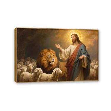 Imagem de SDYJ6GSW Arte de parede em tela de Jesus e Cordeiro Impressão de Leão de Judá Cristão Cordeiro de Deus Decoração de Casa Arte de Parede Cristã Inspiradora para Escritório Moldura de Teca 45 x 30 cm