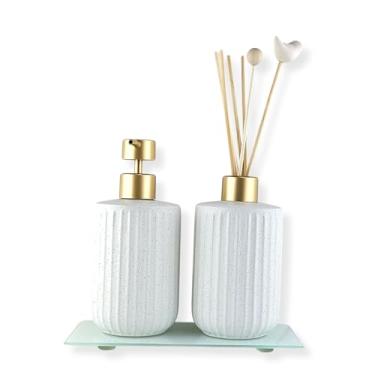 Imagem de Kit para Lavabo Branco com Porta Sabonete Liquido e Difusor Ambiente em Cerâmica e Bandeja Vidro Retangular Luxo Decorativo