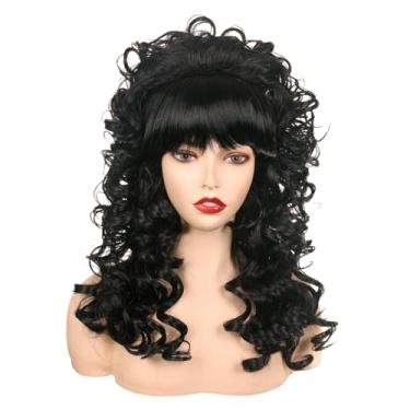 Imagem de FantaLook Peruca Longa Cacheada Vintage Cosplay Dos Anos 80 Com Franja Para Mulheres, Fantasia De Rainha 60 E 70, Festa Halloween (Preta)