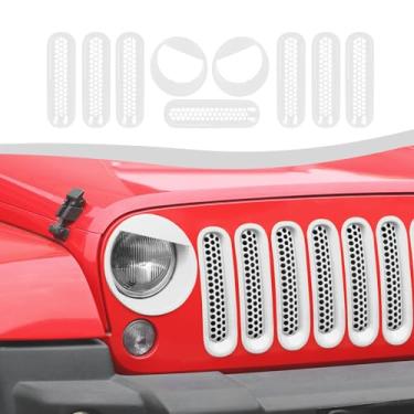 Imagem de SQQP Inserção De Grade Malha + Acabamento Para Farol E Luz Seta Estilo Angry Birds, Compatível Com Jeep Wrangler Jk Jku 2007-2018 (Branco)