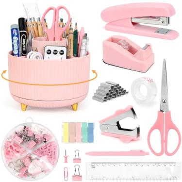 Imagem de 11 acessórios de mesa, conjunto de suporte de caneta giratório de 360 graus com conjunto de grampeador, conjunto de dispensador de fita, tesoura, kit de clipes de papel, caneta, régua e abas adesivas