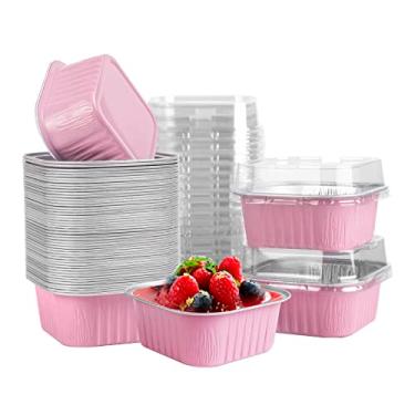 Imagem de 50 peças de mini copos quadrados para assar com tampas, mini formas de bolo de folha de alumínio de 293 ml com tampas, formas de bolo de ramequins descartáveis, copos de sobremesa de 300 ml, formas de
