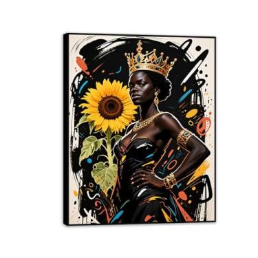 Imagem de Impressão de pôsteres de retrato de mulher negra africana dourada girassol pintura abstrata em tela de menina negra para decoração de sala de estar 90 x 70 cm (36 x 28 pol.) Emoldurado