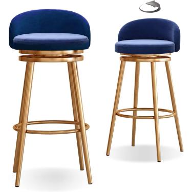 Imagem de Conjunto De 2 Bancos De Bar De Cozinha Cadeiras De Bar Giratórias De 360° Com Assento Estofado Macio, Pernas De Metal Carrega Até 200kg, 65cm, Blue, Gold