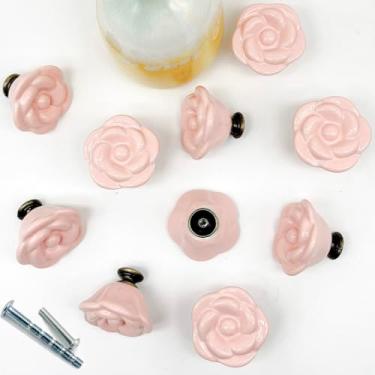 Imagem de YOUYOUULU Puxadores de flores de porcelana - alças rosa rosa - 10 peças de puxadores rosa de cômoda de cerâmica rosa - puxadores de flores requintados para decoração de móveis de armário faça você