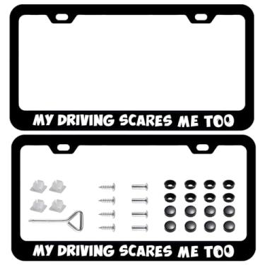 Imagem de Pacote com 2 molduras para placa de carro My Driving Scares Me Too, piada de aço inoxidável, capa engraçada para placa de licença com tampa de parafuso e conjunto de chave de fenda - 2 furos