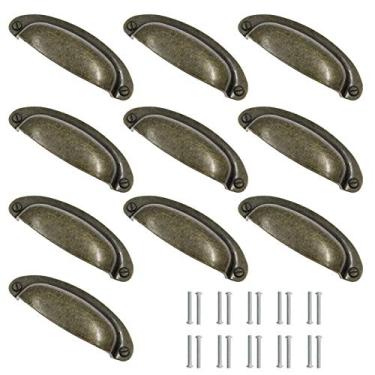 Imagem de Kyuionty - 10 peças de puxadores de bronze antigo para gavetas, puxadores de metal de 8,89 cm, puxador de concha vintage para armários de cozinha, móveis, guarda-roupas, medicamentos