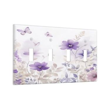 Imagem de Yamxbfa Folhas de flores florais roxas borboletas 4 gangues capas de interruptor de luz decorativa quadriciclo interruptor de parede 4 furos dispositivo elétrico placa de interruptor dimmer placa