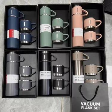 Imagem de caneca Kit Garrafa Térmica Vacuum Bottle Inox 500ml + 3 Xícaras Bebida