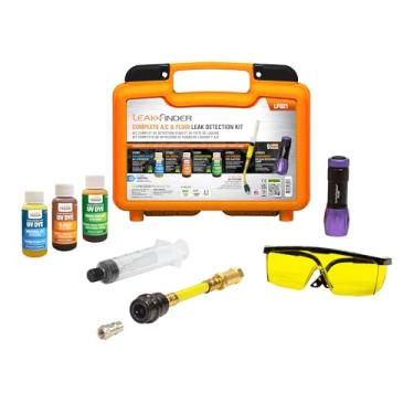 Imagem de LEAKFINDER LF021 Kit de detecção de vazamento de fluidos e ar condicionado para automóveis - 28,3 g de A/C, corante detector de vazamento à base de óleo, seringa injetora, luz UV, acoplador de