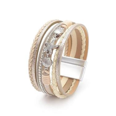Imagem de P Ammy Fashion® Pulseira de couro multicamadas com strass, estrela-do-mar, empilhável, boho, pulseira, joia boêmia, presente para mulheres ou meninas adolescentes com fecho magnético, Couro sintético,