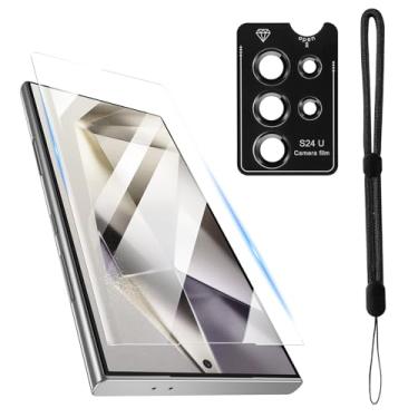 Imagem de PASNEW Pacote com 1 protetor de tela para Samsung Galaxy S24 Ultra [6,8 polegadas] + 1 pacote de protetor de lente de câmera + 1 pacote de cordão de telefone, vidro temperado [dureza 9H] - HD