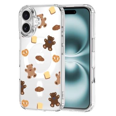 Imagem de MAYCARI Capa para iPhone 16 com tema de urso fofo original compatível com ímã biscoito pão ursinho de pelúcia capa de telefone magnética transparente para meninas e mulheres capa protetora à prova de