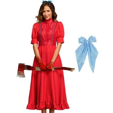 Imagem de Tvnxdgl Fantasia de pérola filme de terror cosplay vestido vermelho com laço azul vestido feminino manga curta festa de Halloween vestido gótico, Vermelho, 3G