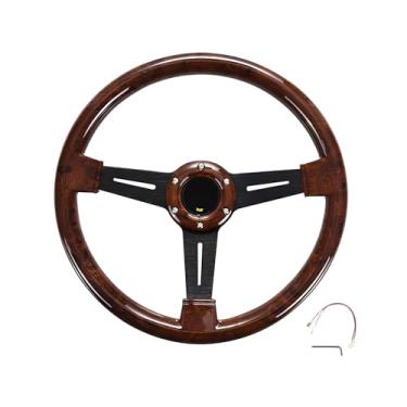 Imagem de NTING Volante Clássico De 14" Com Textura De Madeira, Rebitado, Punho De Madeira Leve, Volante Automotivo Universal, Com Fenda De 3 Raios E Botão De Buzina, 350 Mm, 14 Polegadas, Preto