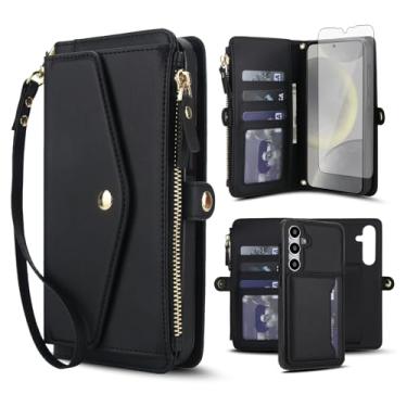 Imagem de Capa de celular para Samsung Galaxy S24 Plus S24+ 5G capa carteira compatível com protetor de tela RFID, alça transversal com alça flip para cartão com zíper S24plus 24S + S 24 24+ 2024, 6,7 polegadas