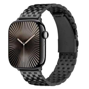Imagem de Tasikar Correia metálica compatível com Apple Watch 49 mm 46 mm 45 mm 44 mm para homens e mulheres, correias de substituição de aço inoxidável para iWatch Ultra SE série 10 9 8 7 6 5 4 3 2 1, preto