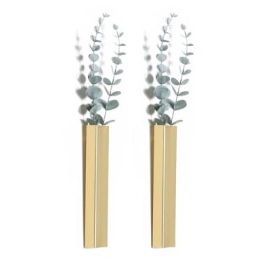 Imagem de Pretty Jolly Vaso de metal de eucalipto para decoração de parede moderno, boêmio, escultura de parede interna de flores artificiais para sala de estar, quarto, conjunto de 2 dourados