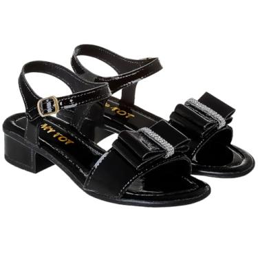 Imagem de Sandália Feminina com Tiras Salto Baixo Confortável Laço Glitter Fivelas Douradas (Preta, BR, Criança de 4 a 8 anos, Numérico, 29)