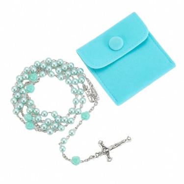 Imagem de Compra de contas de oração de vidro, contas de oração de rosas católicas, colares de pérolas soltas católicas e o presente de confirmação da primeira comunhão na cruz de Jesus Cristo, bem como bolsas