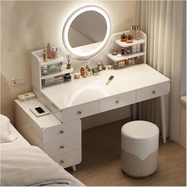 Imagem de Espelho De Vaidade Com Luzes Mesa E Cadeira, Com Gavetas E Armazenamento Conjunto De Vaidade De Madeira, 3 Modos De Iluminação Ajustável Em Brilho, Penteadeira Para Quarto