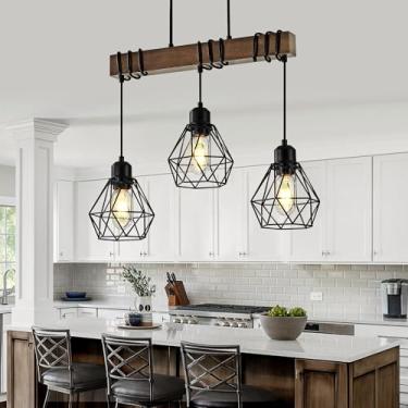 Imagem de Lustres de cozinha de 50 cm com 3 luzes sobre a mesa, luminária preta para sala de jantar de fazenda, luminárias de ilha com pingente de teto de madeira rústica linear com abajur de metal, altura