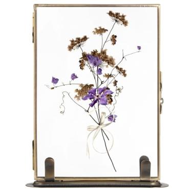 Imagem de Moldura de vidro flutuante vintage, moldura flutuante de mesa para flores secas, moldura de exibição de flores prensadas de vidro duplo com base de metal, molduras de prateleira para escritório em