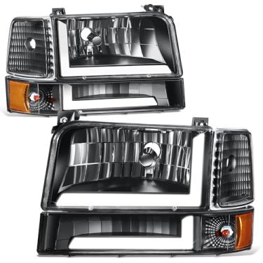 Imagem de DNA MOTORING Par de faróis lentes transparentes/âmbar refletor halógeno/LED compatível com 92-96 F150 F250 F350 Bronco/Serve apenas em modelos com faróis de halogêneo, HL-SSLB-F15092-6P-BK-AM