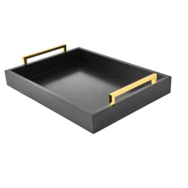 Imagem de Bandejas de serviço de 40 cm x 30 cm, bandeja de serviço decorativa preta, bandejas otomanas para sala de estar, banheiro e bandejas decorativas para áreas externas (Black)