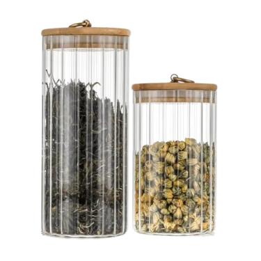 Imagem de Kit 2 Potes de Vidro Herméticos CANELADO TRANSPARENTE com Tampa de Bambu 1100ml 800ml Porta Mantimentos, Porta Condimentos, Potes Herméticos de Vidro