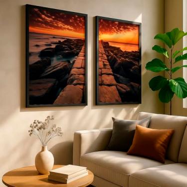 Imagem de Kit 2 Quadros Decorativos Pôr Do Sol Mar Paisagem Pedra Litoral Caminho Laranja Fotografia Natureza Com Moldura