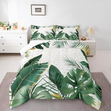 Imagem de jejeloiu Conjunto de edredom Queen com folha de palmeira, botânico, folhas tropicais, para meninos, meninas, verão, flor, natureza, edredom e decoração de quarto