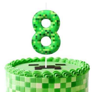 Imagem de Velas de aniversário verdes número 8, topo de bolo com tema de pixel para decoração de bolo para meninos e meninas, decorações de aniversário, suprimentos de festa, velas numéricas para decoração de
