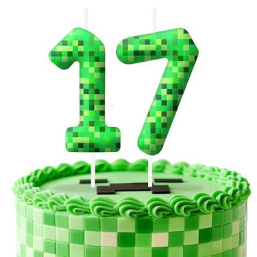 Imagem de Velas de aniversário verdes número 17, topo de bolo com tema de pixel para decoração de bolo para meninos e meninas, decorações de aniversário, suprimentos de festa, velas numéricas para decoração de