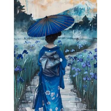 Imagem de Kits de pintura de arte de diamante, gueixa andando com guarda-chuvas nos campos de íris, pinturas completas de pontos de diamante para adultos, pintura 5D redonda com diamantes, fotos faça-você-mesmo