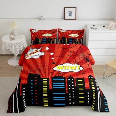 Imagem de Jogo de cama solteiro com tema de herói, construção urbana, 2 peças, para decoração de quarto de meninos, adolescentes, homens, teia de aranha, vermelho e preto, 1 fronha