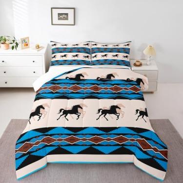 Imagem de Jogo de cama rústico de caubói ocidental com cavalo, asteca, nativo americano, para decoração de quarto de crianças, sudoeste, fazenda, vida selvagem, 2 peças, meninos