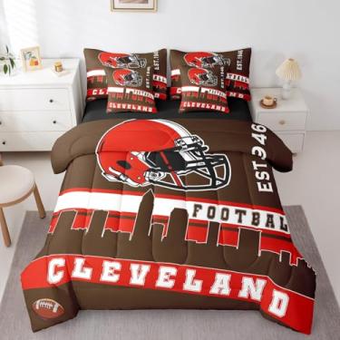 Imagem de Erosebridal Jogo de lençol solteiro de futebol americano, 7 peças, para meninos e meninas, marrom e vermelho, para decoração de quarto de fãs de futebol americano (Cleveland)