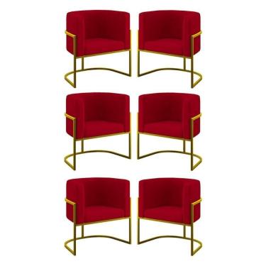 Imagem de Kit 06 Poltronas Lua Sala Decorativa Base De Ferro Gold Vermelho