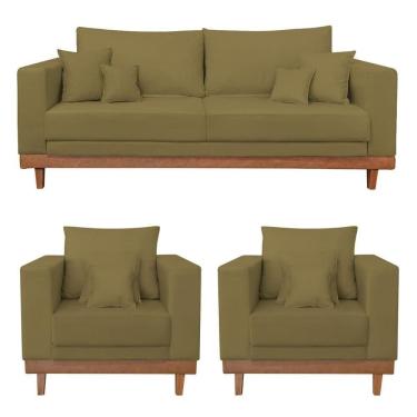 Imagem de Kit 2 Poltronas Living + Sofá 2 Lugares Base Madeira Suede Capuccino