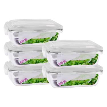 Imagem de Jogo 5 Potes Vidro Retangular 640ml Marmitas Mantimentos Frutas