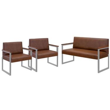 Imagem de Conjunto Sofá 2 Lugares E 2 Poltronas Niterói Couro Marrom Em Metal Champanhe