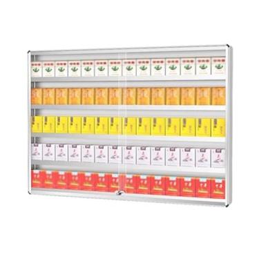 Imagem de Moldura de metal para exibição de cigarros, prateleira de armazenamento de cigarros bloqueável, rack de caixa de fósforos montado na parede, prateleira de cigarro de loja de conveniência, suporte de