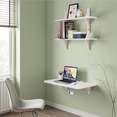 Imagem de Pmnianhua Mesa de parede com prateleiras, mesa dobrável de 78 cm, mesa dobrável de parede, mesa flutuante para lavanderia, escritório em casa, espaço pequeno