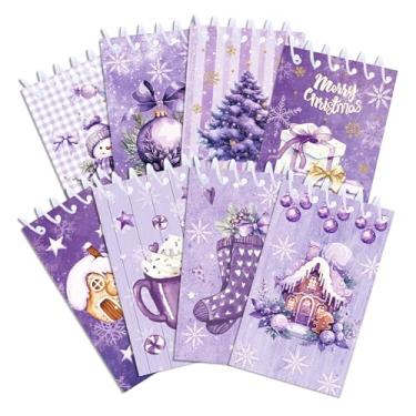 Imagem de JOINFANXIN Pacote com 8 minicadernos pequenos de Natal com estampa roxa, bolso espiral, meias de Natal, estampa de boneco de neve para artigos de festa de Natal, lembrancinhas de festa de aniversário