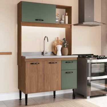 Imagem de Cozinha Completa Marrom Freijó e Verde Oliva Compacta Armário MDP 4 portas 1 gaveta