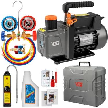 Imagem de VTG VOGTEN Conjunto de medidor e bomba de vácuo CA de 4,5 CFM, para sistemas mini split/HVAC/Auto, kit de medidor de coletor serve para R134a R12 R22 R502, com detector de vazamento, estojo de