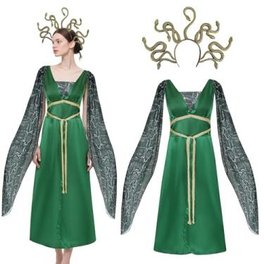 Imagem de Medusa Costume Women, Medusa Outfit Halloween Queen Cosplay Greek Goddess Green Dress with Golden Headpiece for Adult (Large)