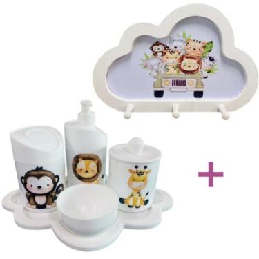 Imagem de Kit Higiene Bebê Safari Leão, macaco e girafa + Cabideiro Infantil Nuv